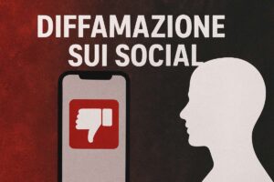 Scritta “Diffamazione sui social”, raffigurante un telefono con un’icona pollice verso rosso e il profilo di una persona