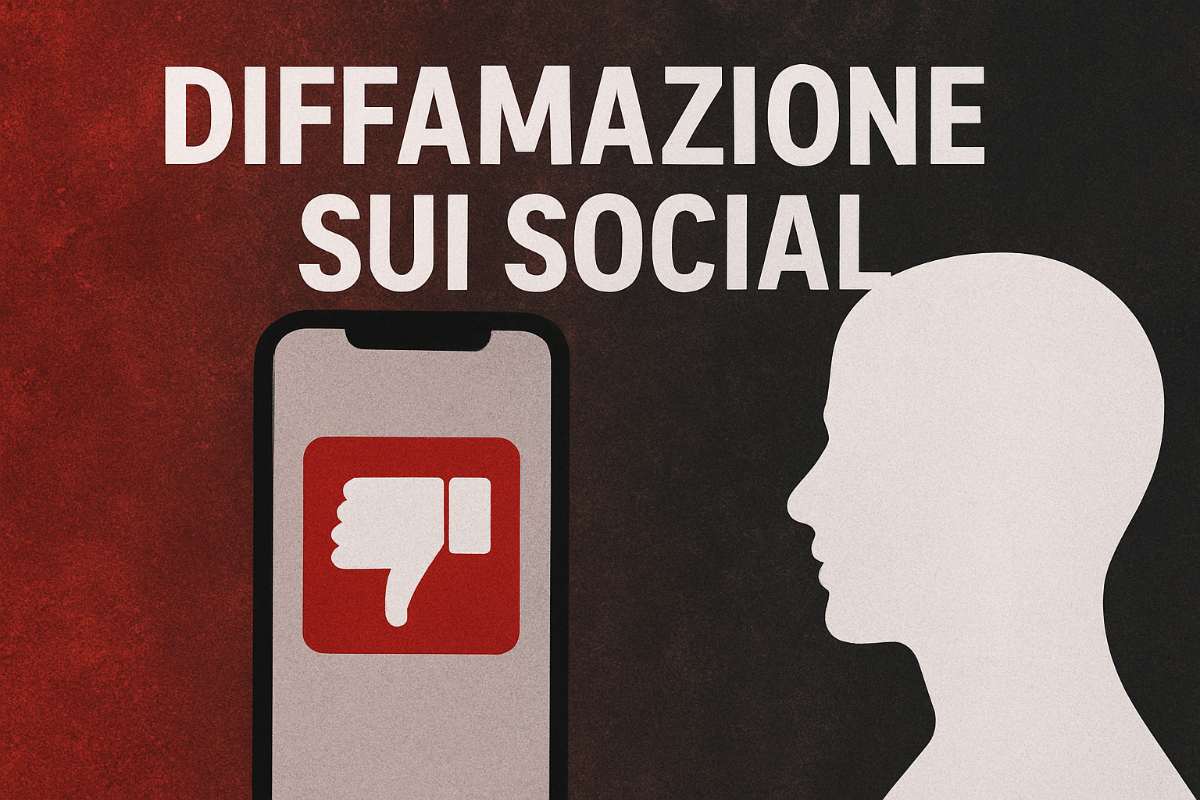 Scritta “Diffamazione sui social”, raffigurante un telefono con un’icona pollice verso rosso e il profilo di una persona