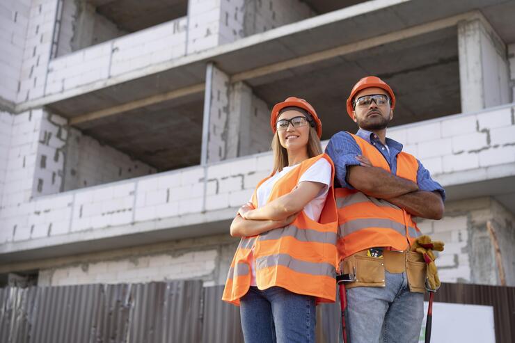 Uomo e donna in divisa da cantiere 