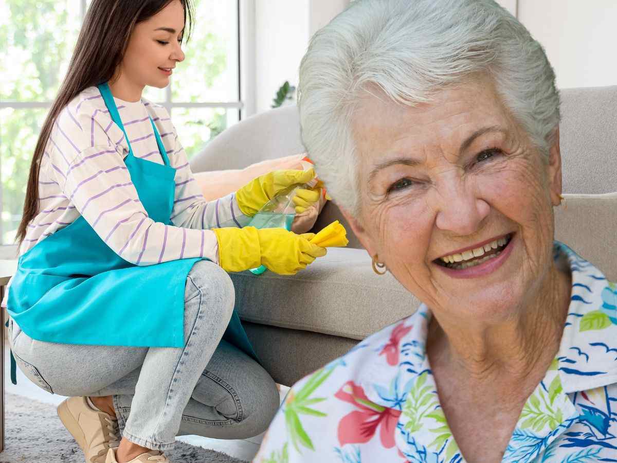 sfondo ragazza che fa pulizie con spray e nonna